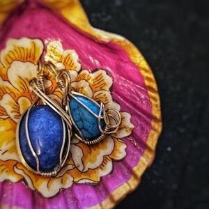 Blue and Gold Wire-Wrapped Stone Pendant Pair